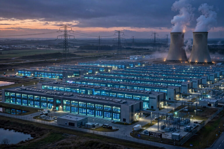 Paying for AI Data Centers Would Take 250 Million Jobs A vast AI data center at dusk with rows of glowing server halls, power lines and cooling towers.