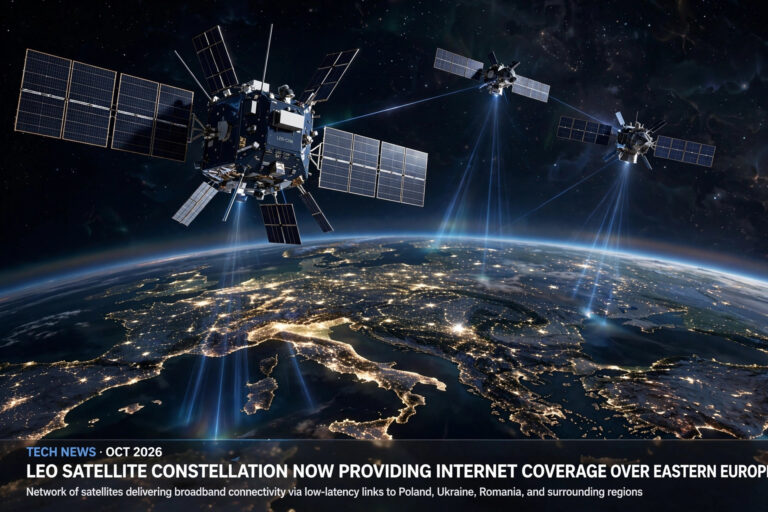 Satellites in low Earth orbit providing internet connectivity over Eastern Europe at night.